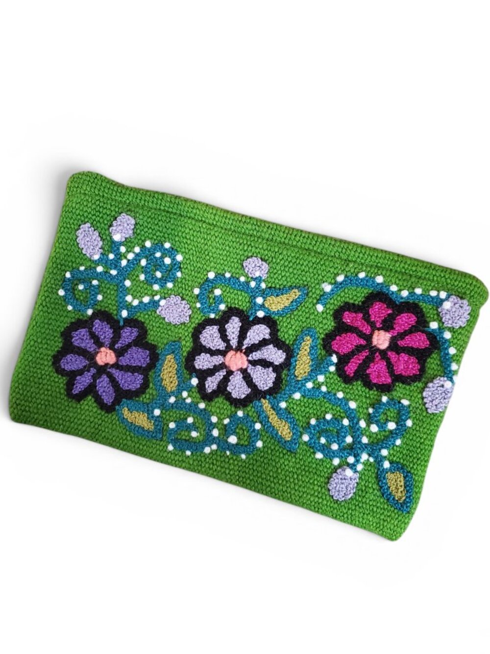 Vintage Y2K Whimsical Green Floral Embroidered Knit Clutch Bag Purse